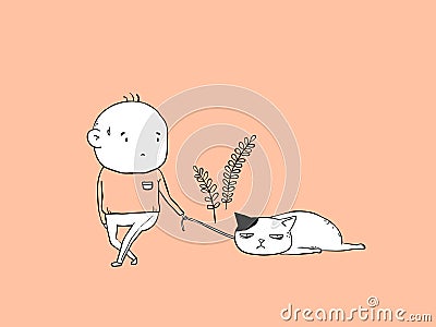 Daily life of a boy and his cat, trying for a walk, doodle character Vector Illustration