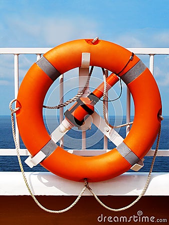 Life buoy on deck of a ship Stock Photo