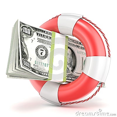 Life buoy with dollars banknote. 3D render Cartoon Illustration