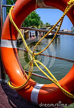 Life buoy in a harbor. Stock Photo