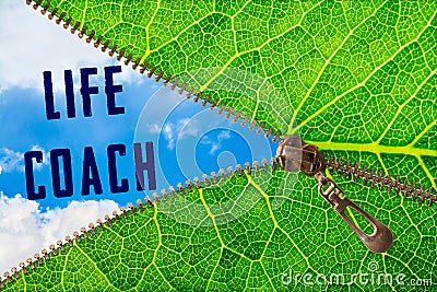 Life coach word under zipper leaf Stock Photo