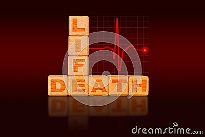 Life and Dealth Concept on Building Blocks and Heart Rate Stopped Stock Photo