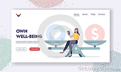 Life Dilemma, Decision Landing Page Template. Tiny Female Character Sit on Huge Scales Choose between Finance or Love Vector Illustration
