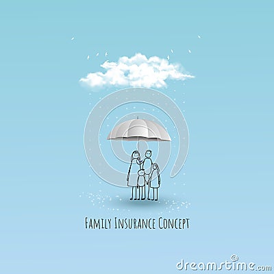 Life and family insurance concept. Rainy over the family. Vector illustration Vector Illustration