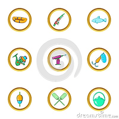 Life of fisherman icon set, cartoon style Vector Illustration