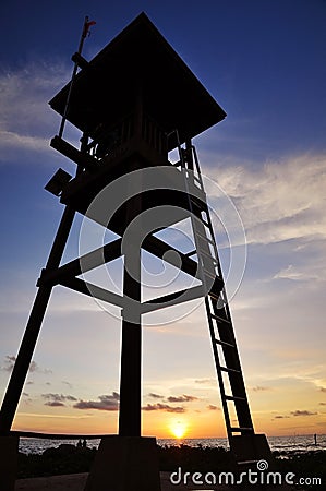 Life guard tower on sunset sky Stock Photo