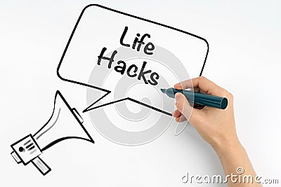 Life Hacks. Megaphone and text on a white background Stock Photo