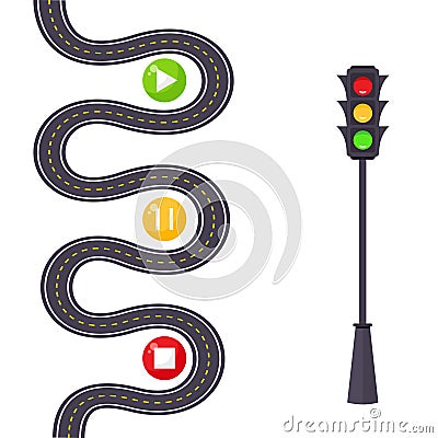 Life is a highway conceptual road map with start, pause, and play buttons along the route controlled by a stoplight Vector Illustration