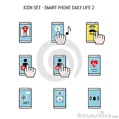 Daily life icon collection with smartphone, Mobile concepts flatlay design Vector Illustration