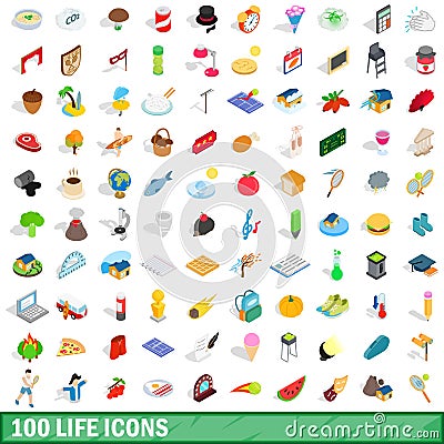 100 life icons set, isometric 3d style Vector Illustration