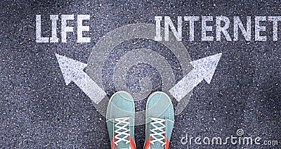 Life and internet as different choices in life - pictured as words Life, internet on a road to symbolize making decision and Cartoon Illustration