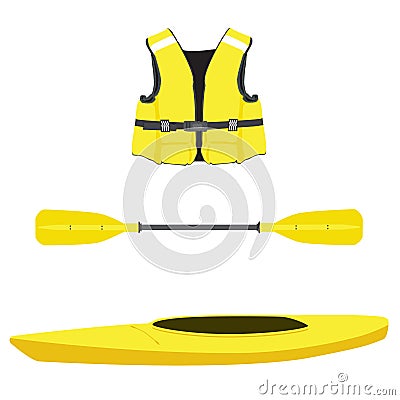 Life jacket, kayak boat and oar Cartoon Illustration