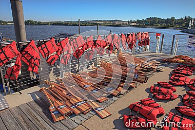 Life Jackets for Safety and Oars Editorial Stock Photo