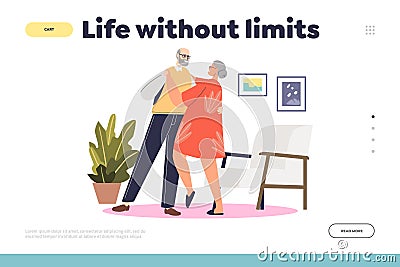 Life without limits concept of landing page with happy senior couple in love dancing tango Vector Illustration