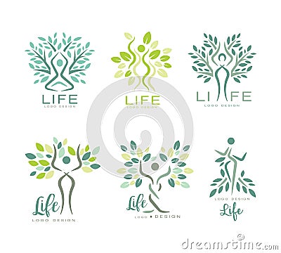 Life Logo Design with Human Silhouette as Tree with Lush Leaf Crown Vector Set Stock Photo