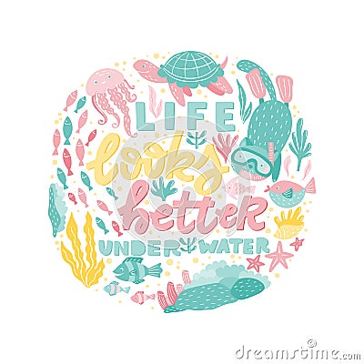 Life looks better under water. Hand Drawn lettering card Vector Illustration