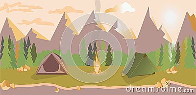 Life in nature. Journey. Camping at evening in the mountains near the river. Hiking. Traveling. Adventure. Bonfire. Mountain lands Cartoon Illustration