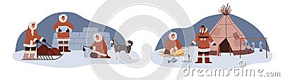 Life at the north pole vector illustrations set, people in traditional Eskimos clothing, construction icehouse, fishing Vector Illustration