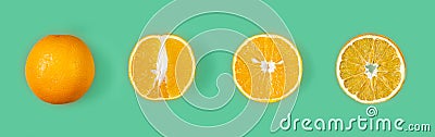 The life of an orange. Different stages of orange growth: whole, half, slice Stock Photo