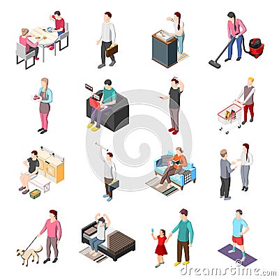 Life Of Ordinary People Isometric Icons Vector Illustration