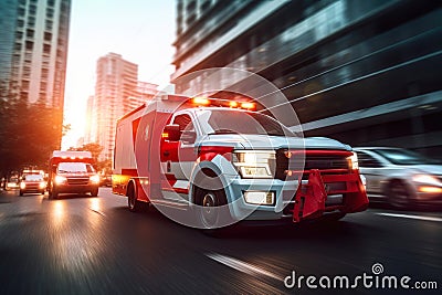 Life-Saving Race: Ambulance in Traffic. Stock Photo