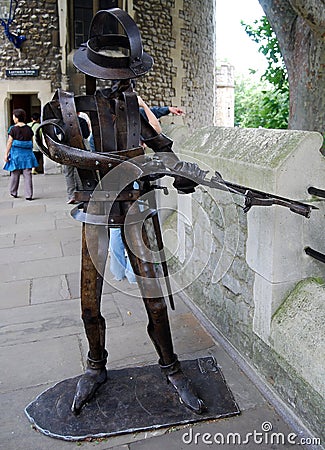 Life size metal soldier sculpture in the Tower of London Editorial Stock Photo