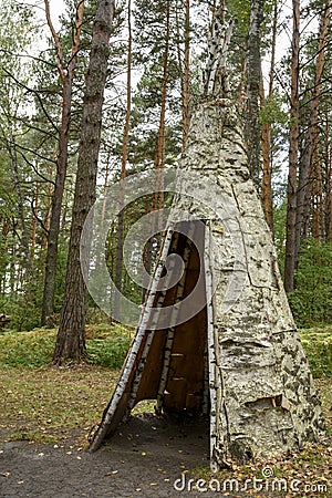 Life-size replica of Odag, Shor people medieval traditional wedding tent made of birch bark Stock Photo