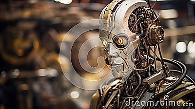 A life-sized robotic figure displayed as an art piece, with every mechanical detail meticulously sculpted Stock Photo