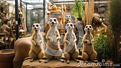 A life-sized sculpture of a group of meerkats, each meticulously crafted to capture their unique postures and personalities Stock Photo