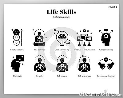 Life skills icons Solid pack Vector Illustration