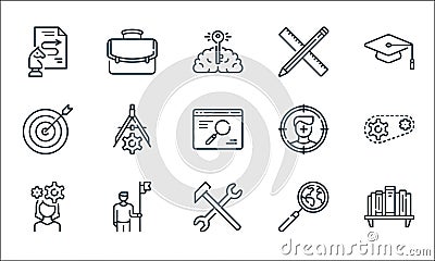 Life skills line icons. linear set. quality vector line set such as bookshelf, hammer, woman, magnifying glass, man, target, Vector Illustration