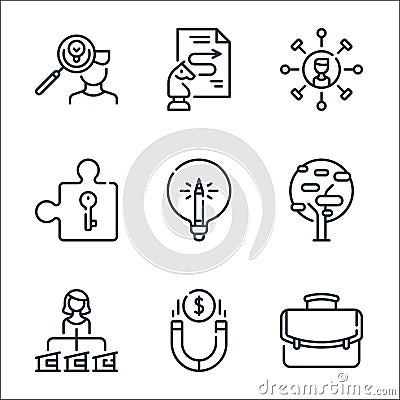 life skills line icons. linear set. quality vector line set such as portfolio, magnet, woman, tree, lightbulb, puzzle part, skills Vector Illustration