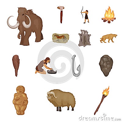 Life in the Stone Age cartoon icons in set collection for design. Ancient people vector symbol stock web illustration. Vector Illustration