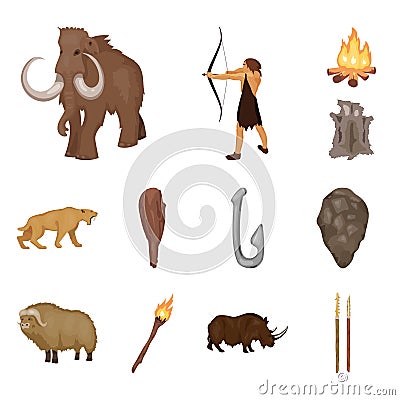 Life in the Stone Age cartoon icons in set collection for design. Ancient people vector symbol stock web illustration. Vector Illustration