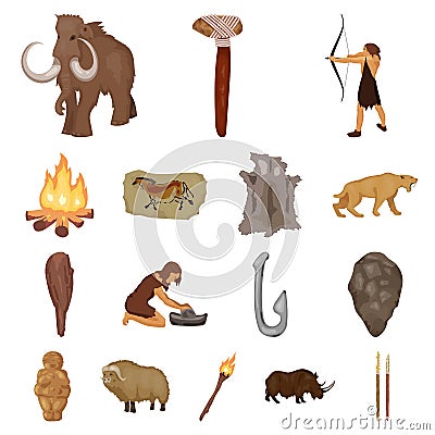 Life in the Stone Age cartoon icons in set collection Vector Illustration