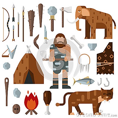 Life stone age caveman cave bonfire mammoth bone vector. Vector Illustration