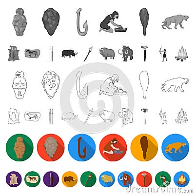 Life in the Stone Age flat icons in set collection for design. Ancient people vector symbol stock web illustration. Vector Illustration