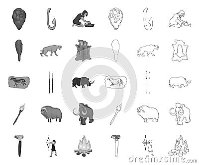 Life in the Stone Age mono,outline icons in set collection for design. Ancient people vector symbol stock web Vector Illustration
