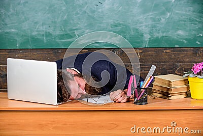 Life of teacher exhausting. Fall asleep at work. Educators more stressed work than average people. Educator bearded man Stock Photo