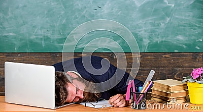 Life of teacher exhausting. Fall asleep at work. Educators more stressed work than average people. High level fatigue Stock Photo