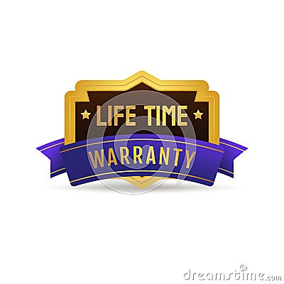 Life time warranty guarantee golden label badge stamp with purple ribbon design, vector. Vector Illustration