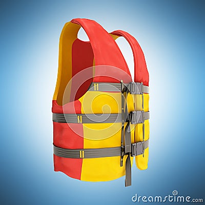 Life vest red yellow 3d render on blue background Stock Photo