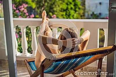 Life-work balance, relaxation healthy quality living lifestyle in summer holiday vacation of freelancer woman take it Stock Photo