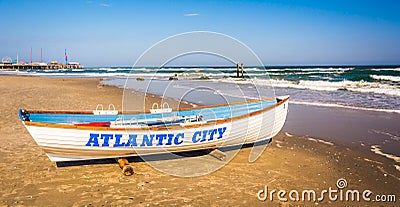 A lifeboat on the beach in Atlantic City, New Jersey. Stock Photo