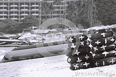 Lifebuoy black on the beachin black and white Stock Photo