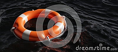 Lifebuoy on dark ocean background. Orange color life buoy ring, marine safety Stock Photo
