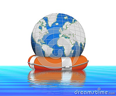 Lifebuoy and earth globe floating in water Stock Photo