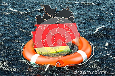 Lifebuoy with German map in the open sea. Safe, help and protect Stock Photo