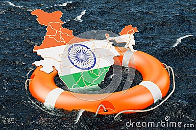 Lifebuoy with Indian map in the open sea. Safe, help and protect Stock Photo