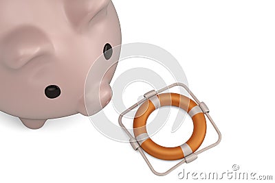 Lifebuoy and piggy bank isolated on white background 3D illustration Cartoon Illustration